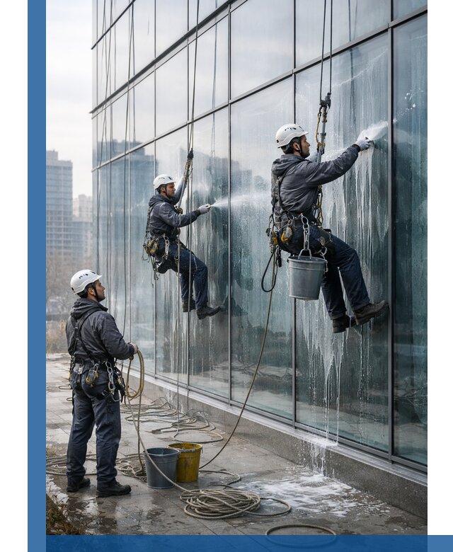 Промышленная мойка панорамных окон на высоте в Каспийске