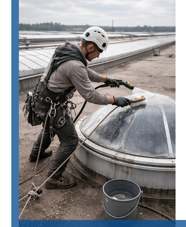 Мойка зенитных фонарей на кровле для промышленных объектов в Каспийске