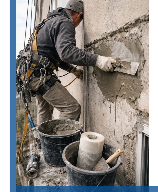 Ремонт бетонных элементов фасада промышленными альпинистами в Каспийске