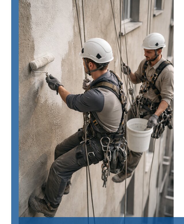 Грунтовка фасада на высоте в Каспийске промышленными альпинистами