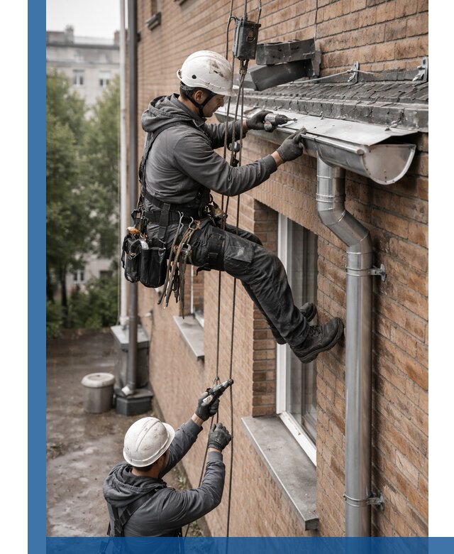 Монтаж водосточной системы на здании в Каспийске под ключ