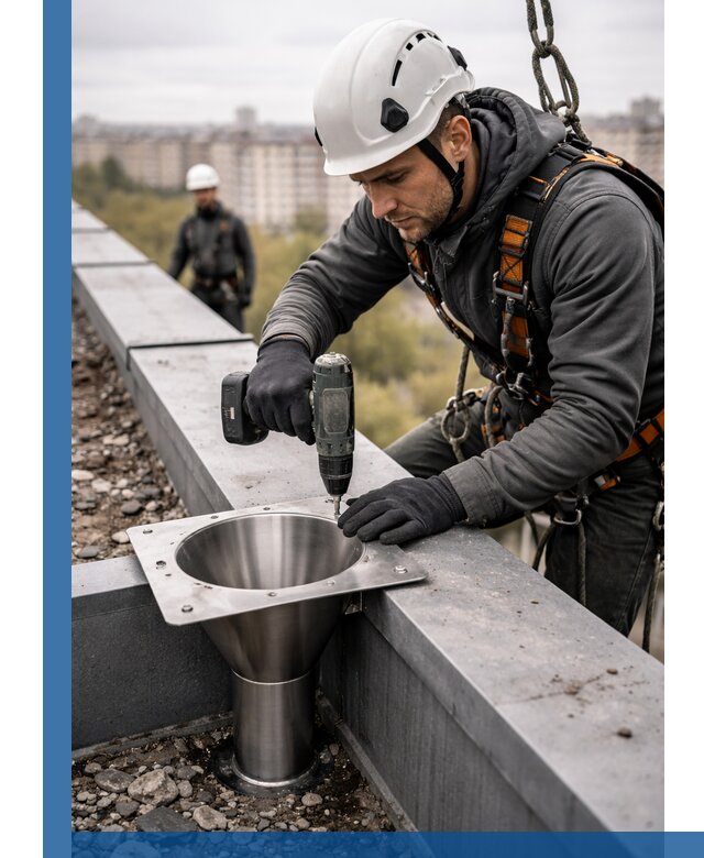 Монтаж водосточных воронок в Каспийске для промышленных зданий