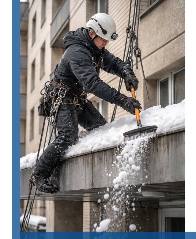 Очистка козырьков от снега в Каспийске круглогодично безопасно