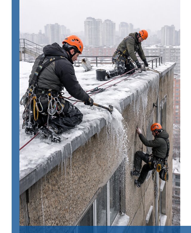 Удаление наледи с кровли в Каспийске промышленными альпинистами