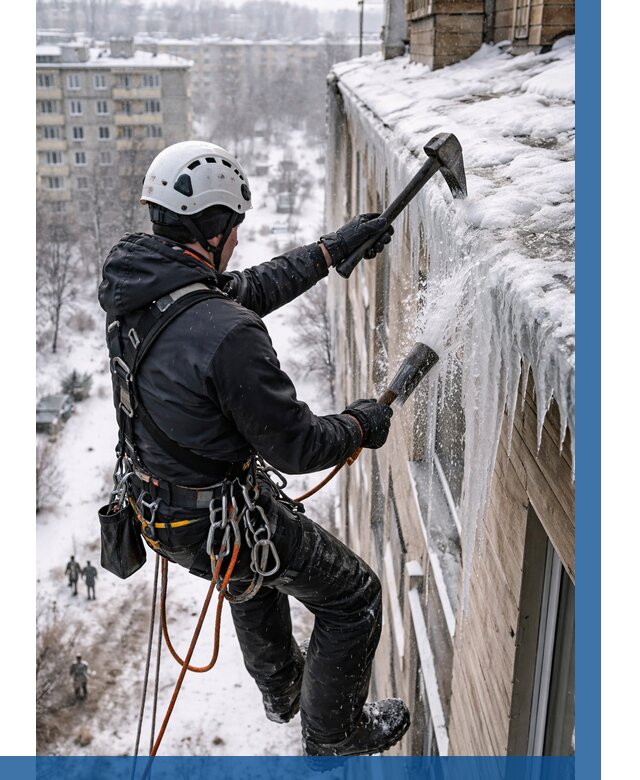 Сбивание сосулек с крыши в Каспийске по цене от 4581 р. | ВЫСОТНИК-Ксп