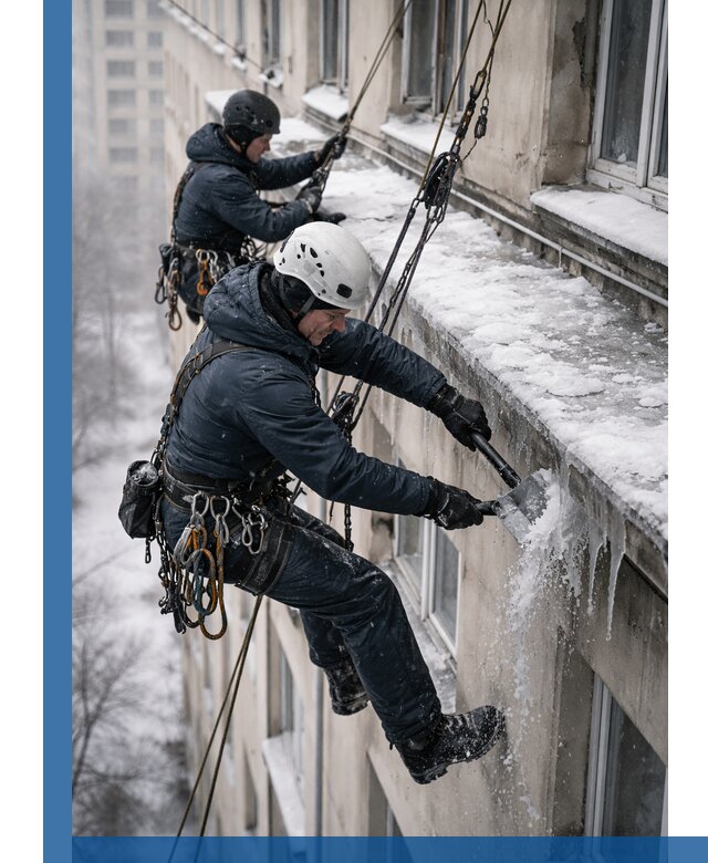 Удаление наледи и сосулек с карнизов в Каспийске профессионально