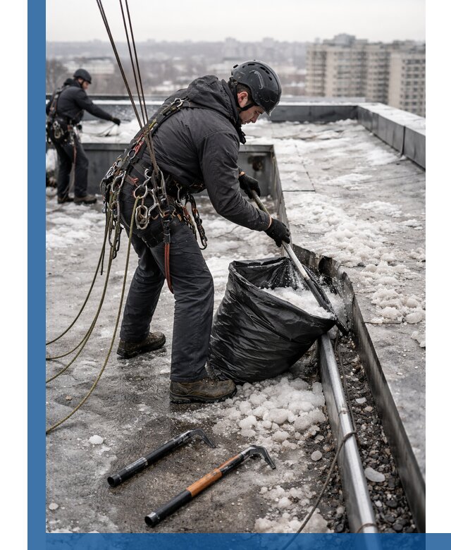 Аварийная очистка кровли в Каспийске от промальпинистов