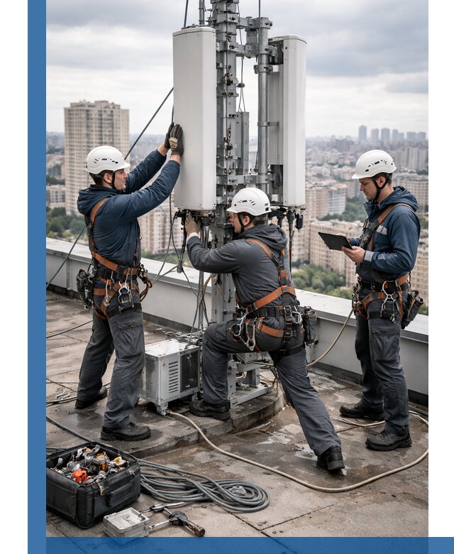 Монтаж антенн связи на крыше в Каспийске с вводом в эксплуатацию