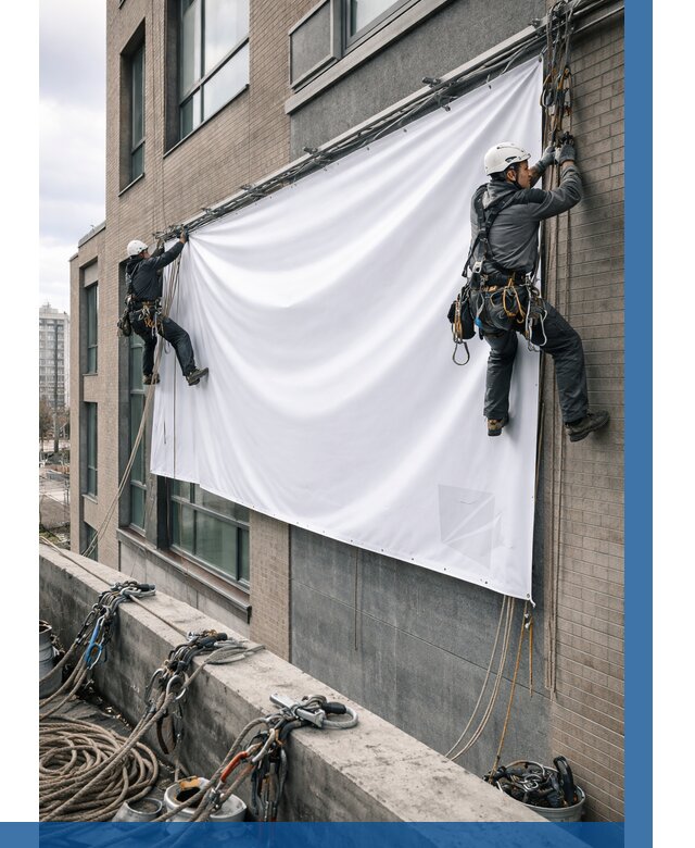 Монтаж баннеров на фасаде в Каспийске от 662 р. заказать ВЫСОТНИК-Ксп