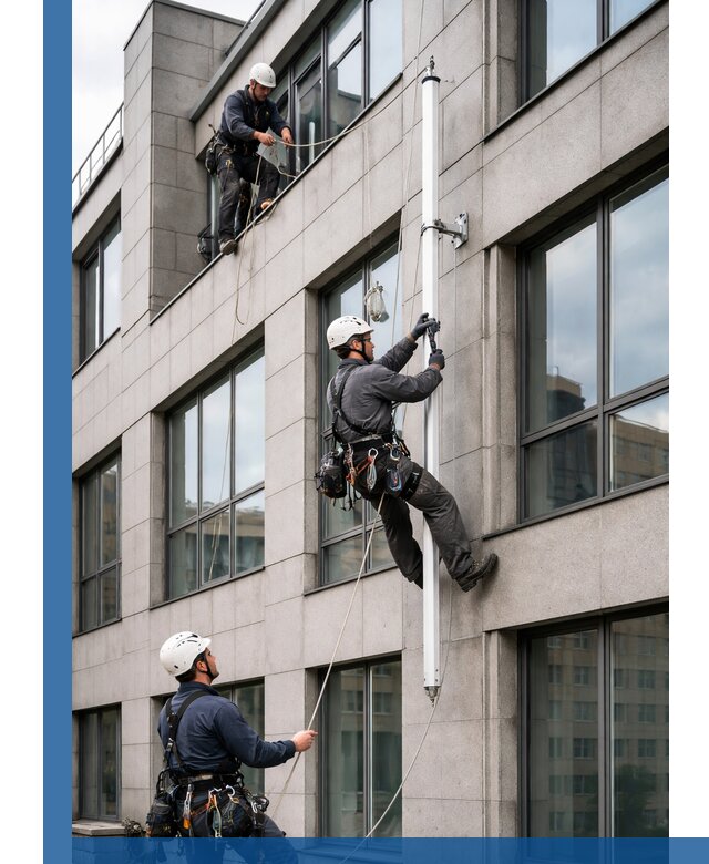 Монтаж флагштока на фасаде здания с креплением и герметикой в Каспийске