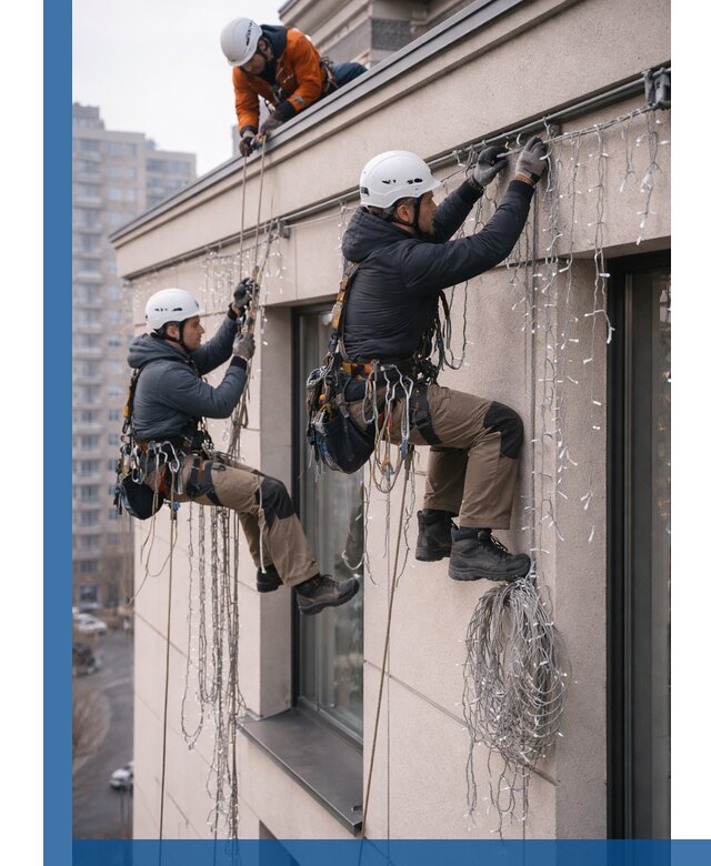 Монтаж праздничных гирлянд на фасаде в Каспийске для зданий