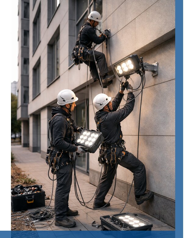 Монтаж прожекторов на фасаде в Каспийске от 7636 р. | ВЫСОТНИК-Ксп