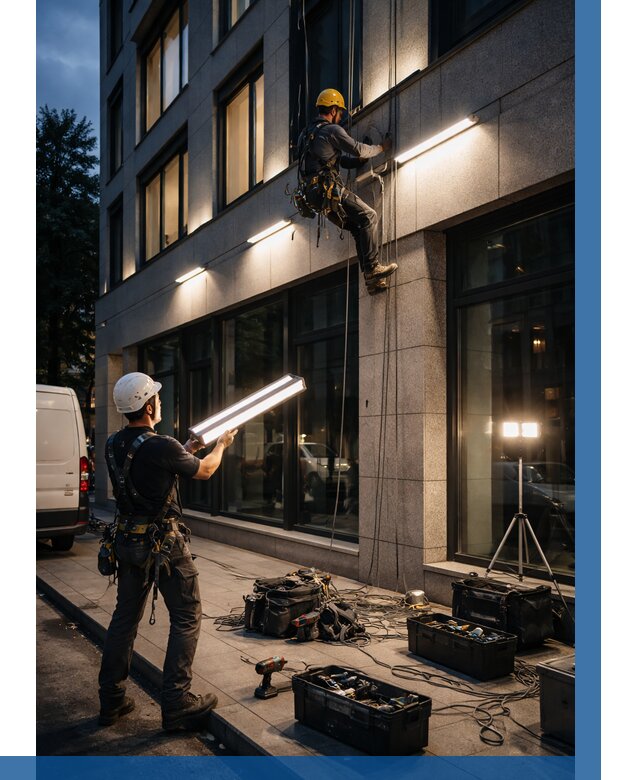 Монтаж архитектурной подсветки здания в Каспийске от 2545 р.|ВЫСОТНИК-Ксп