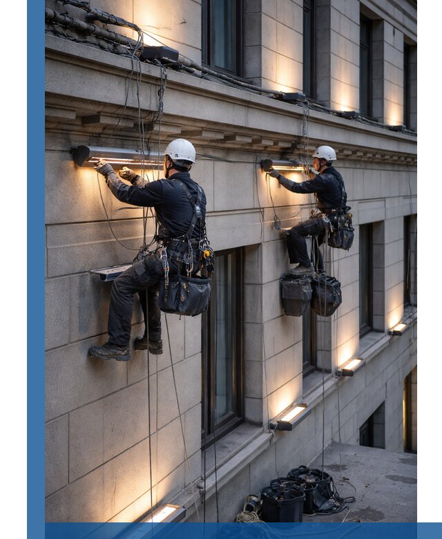 Монтаж архитектурной подсветки фасадов зданий в Каспийске