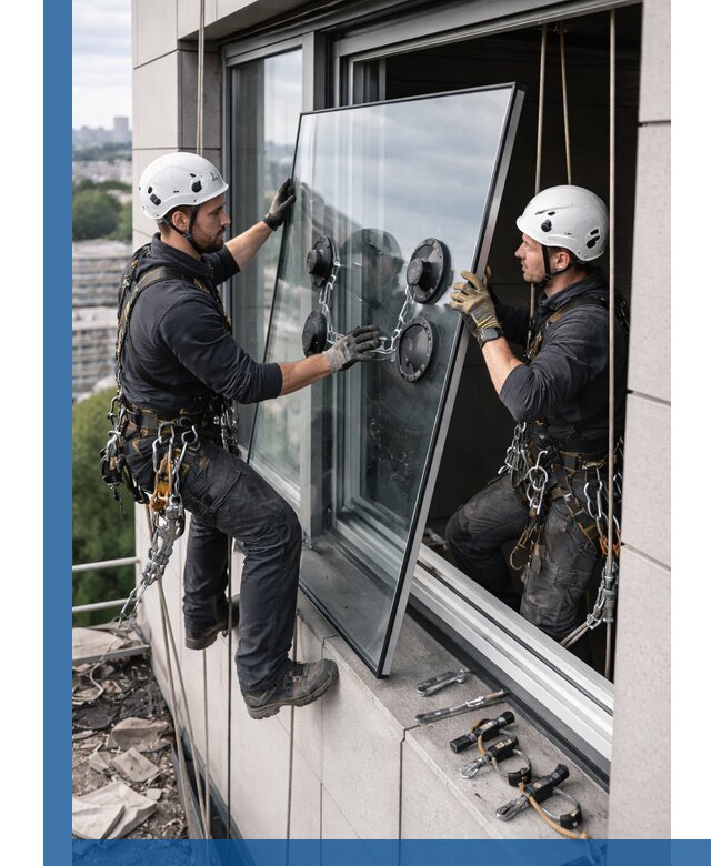 Замена стеклопакетов на высоте с промышленными альпинистами в Каспийске