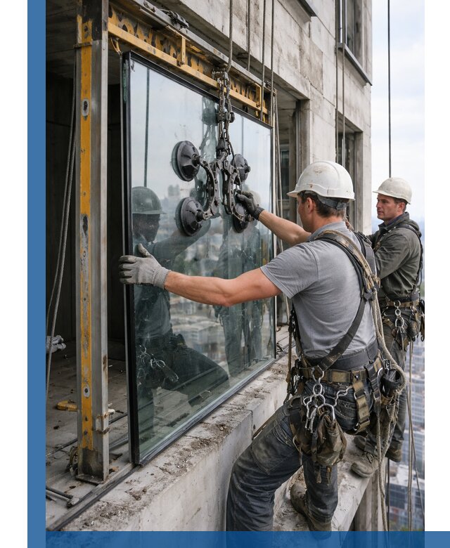 Монтаж стеклопакетов на высоте в Каспийске с промышленным альпинизмом