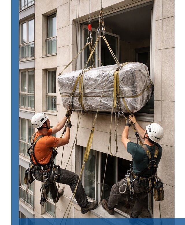 Подъем грузов через окно в Каспийске промышленными альпинистами