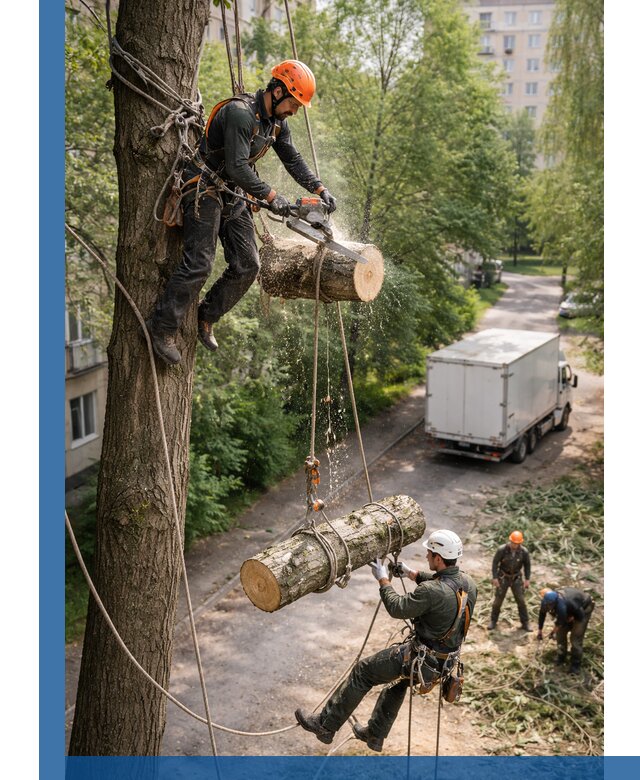 Спил деревьев альпинистами в Каспийске, безопасно и без повреждений