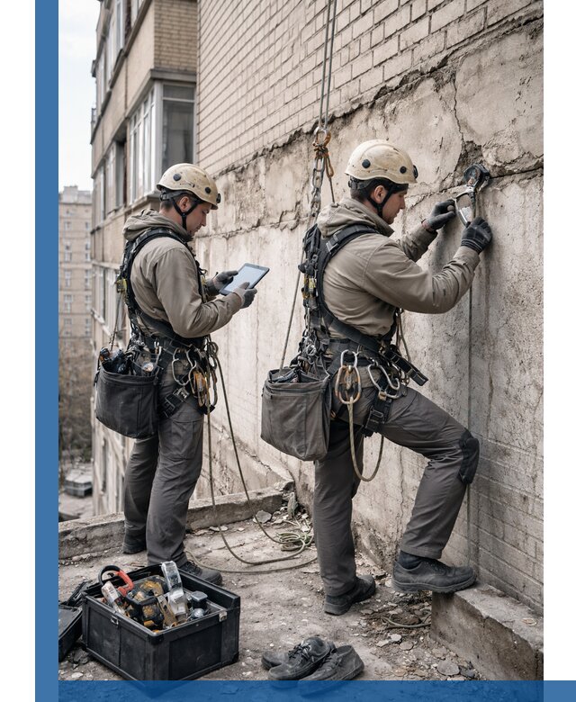 Обследование фасада промышленными альпинистами в Каспийске